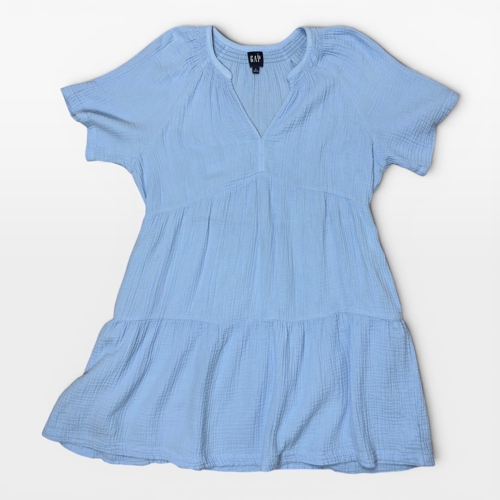 Gap Cotton Gauze Tiered Dress XL Light Blue Short Sleeve Mini V-Neck Coastal - Picture 8 of 9